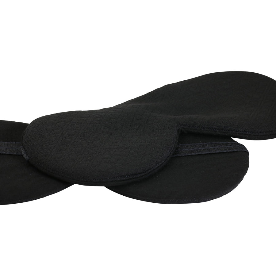 Both sides of sleep mask. Soft materials and a soft elastic band.