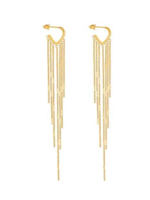 Gold heart earring with gold chain tassel. 