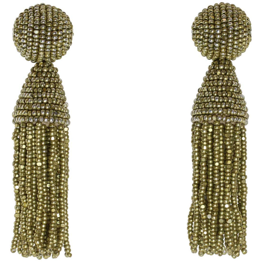 Stunning gold earrings called the Beaded tassels. 